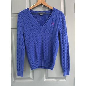Ralph Lauren Sport VTG Sweater Cable Knit V Neck Jumper Royal Blue y2k Lg